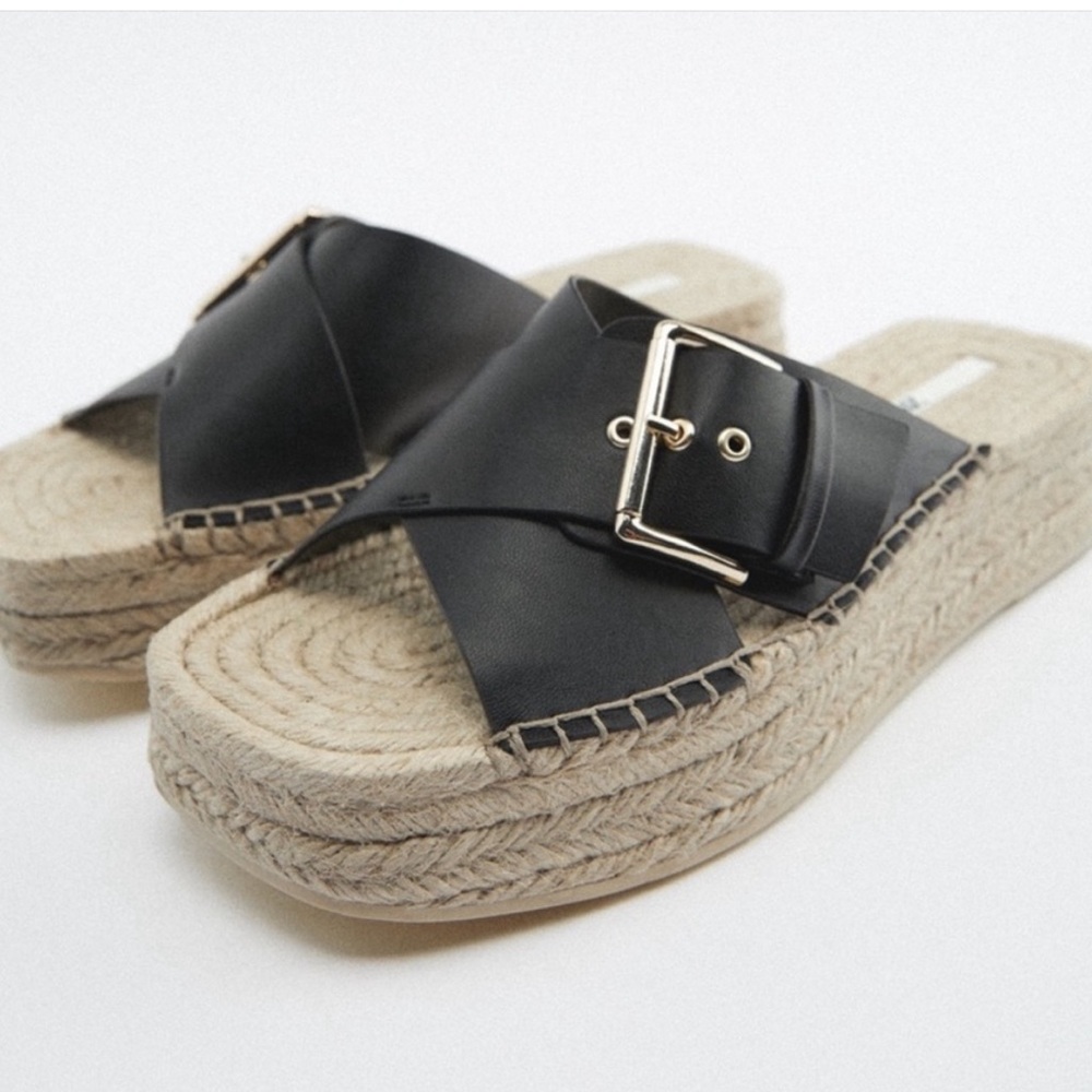 ZARA JUTE WEDGE SANDALS Black 37 size 7 women’s
